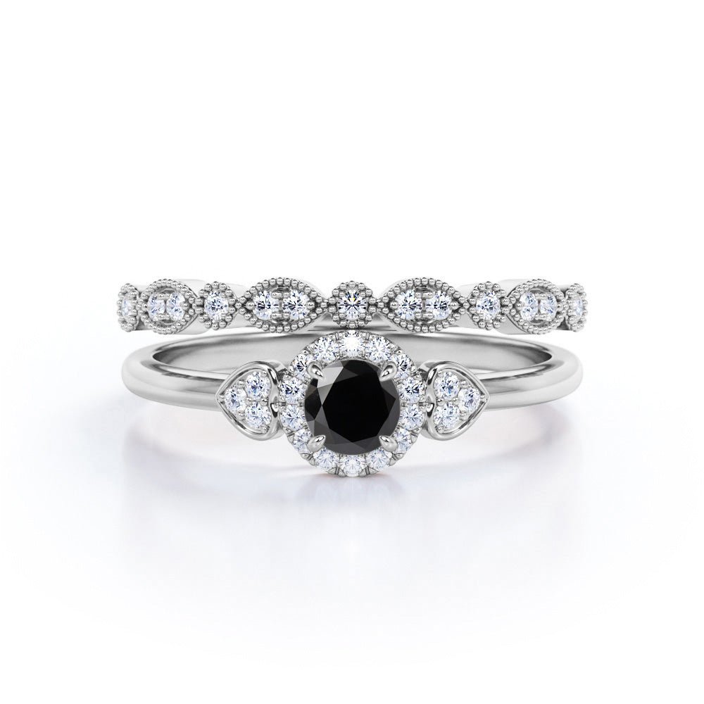 1.35 Carat Round Cut Lab Grown Black Diamond Halo Wedding Ring Set In White Gold