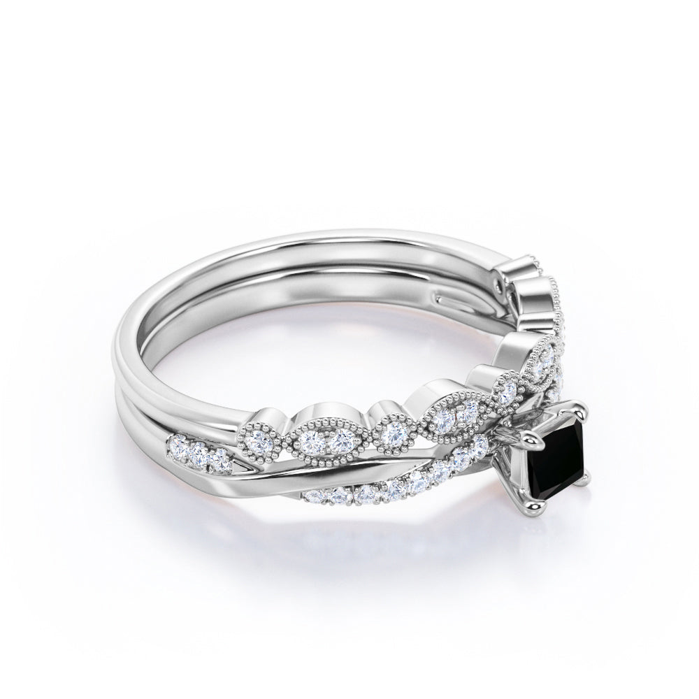 1.3 Carat Princess Cut Lab Grown Black Diamond Four Prong Infinity Bridal Set In White Gold