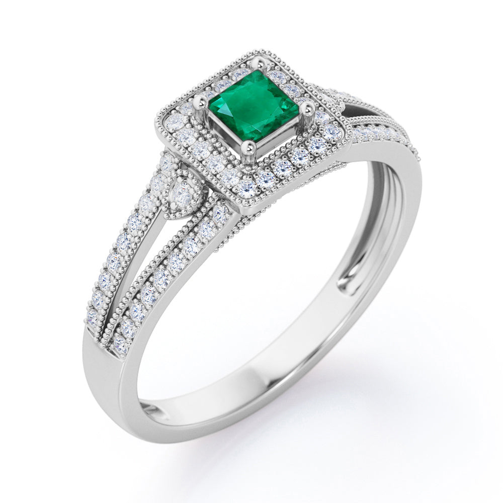 Split-Shanked Pave 1.55 Carat Princess Cut Emerald and diamond Milgrain-Bordered Halo Engagement Ring in White Gold