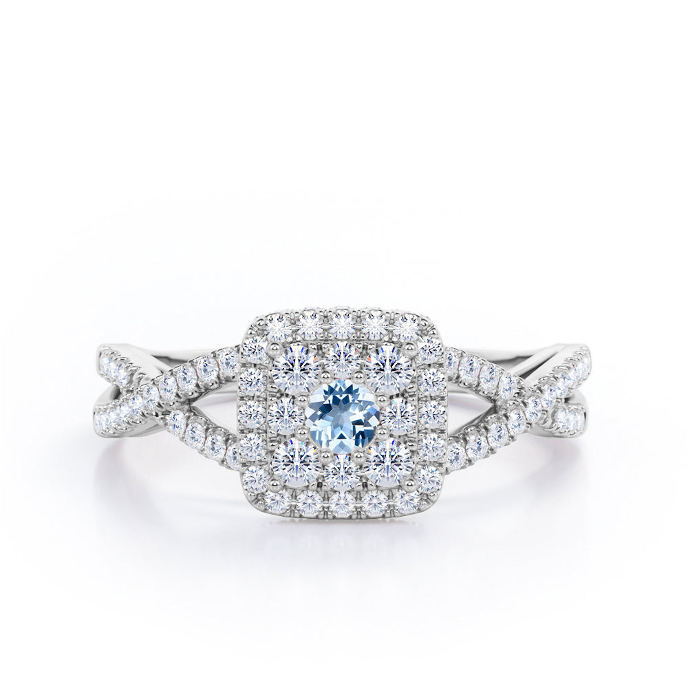 Pave Crossover - 1.25 Carat Round Cut Aquamarine - Flush Cluster Halo Engagement Ring in White Gold