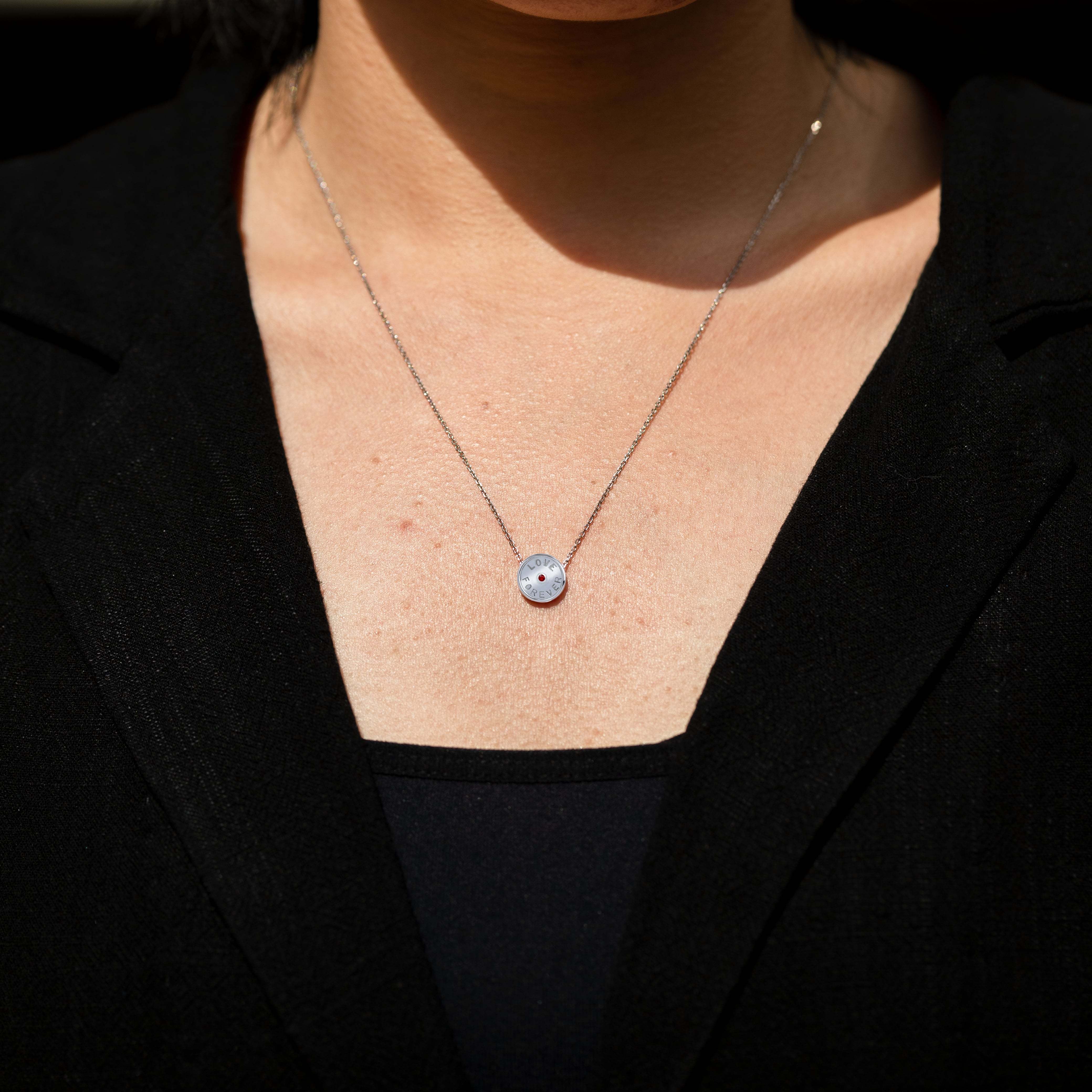 Love Forever Charm Necklace with Natural Round Shape Ruby in 18K White Gold Plating over Silver