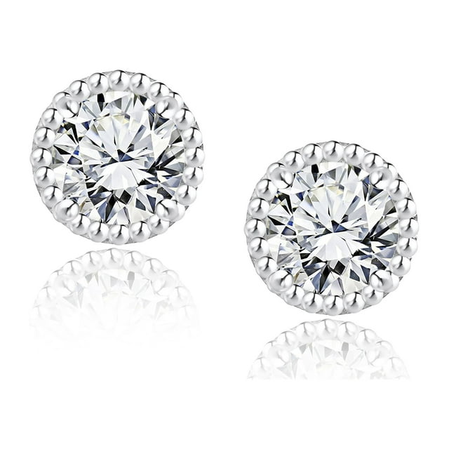 3.25 Carat Round Brilliant Moissanite Earrings Stud Halo Milgrain in 18K White Gold over Silver