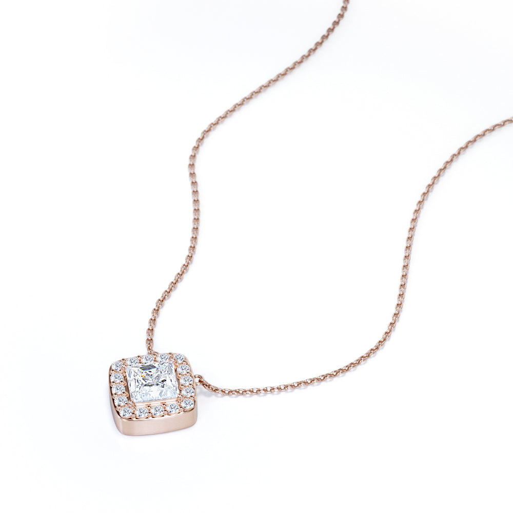 Real Diamond Princess Cut with Moissanite Halo Pendant Necklace in 18K White Gold over Silver