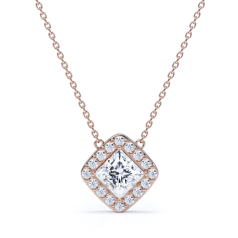 Real Diamond Princess Cut with Moissanite Halo Pendant Necklace in 18K White Gold over Silver