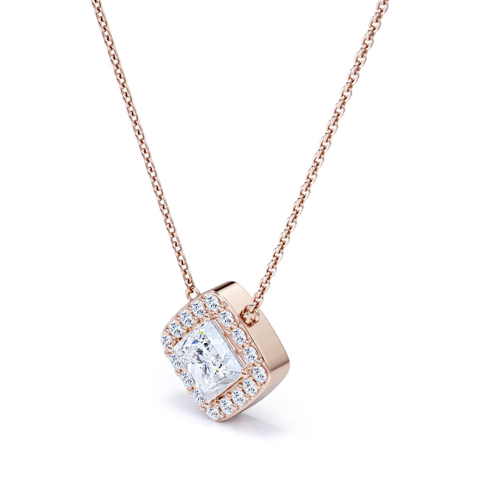 Real Diamond Princess Cut with Moissanite Halo Pendant Necklace in 18K White Gold over Silver