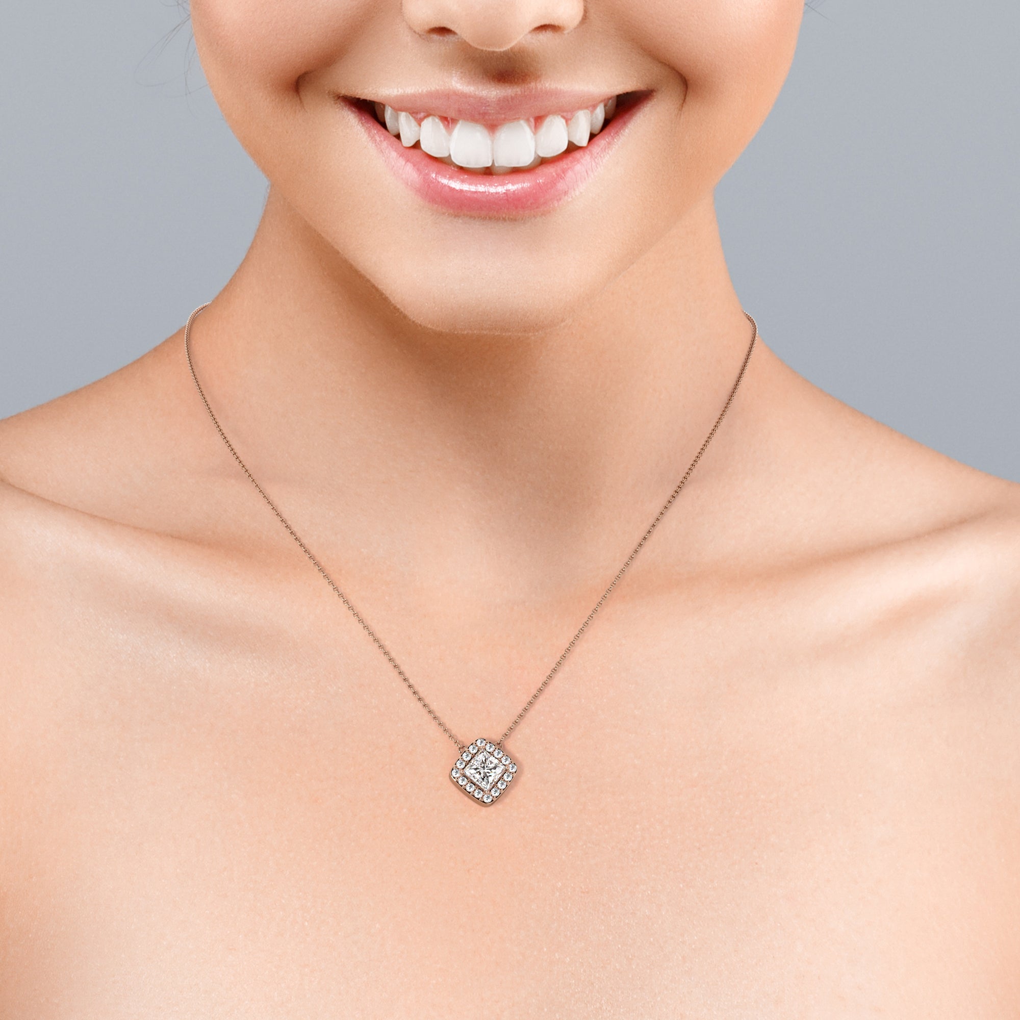 Real Diamond Princess Cut with Moissanite Halo Pendant Necklace in 18K White Gold over Silver