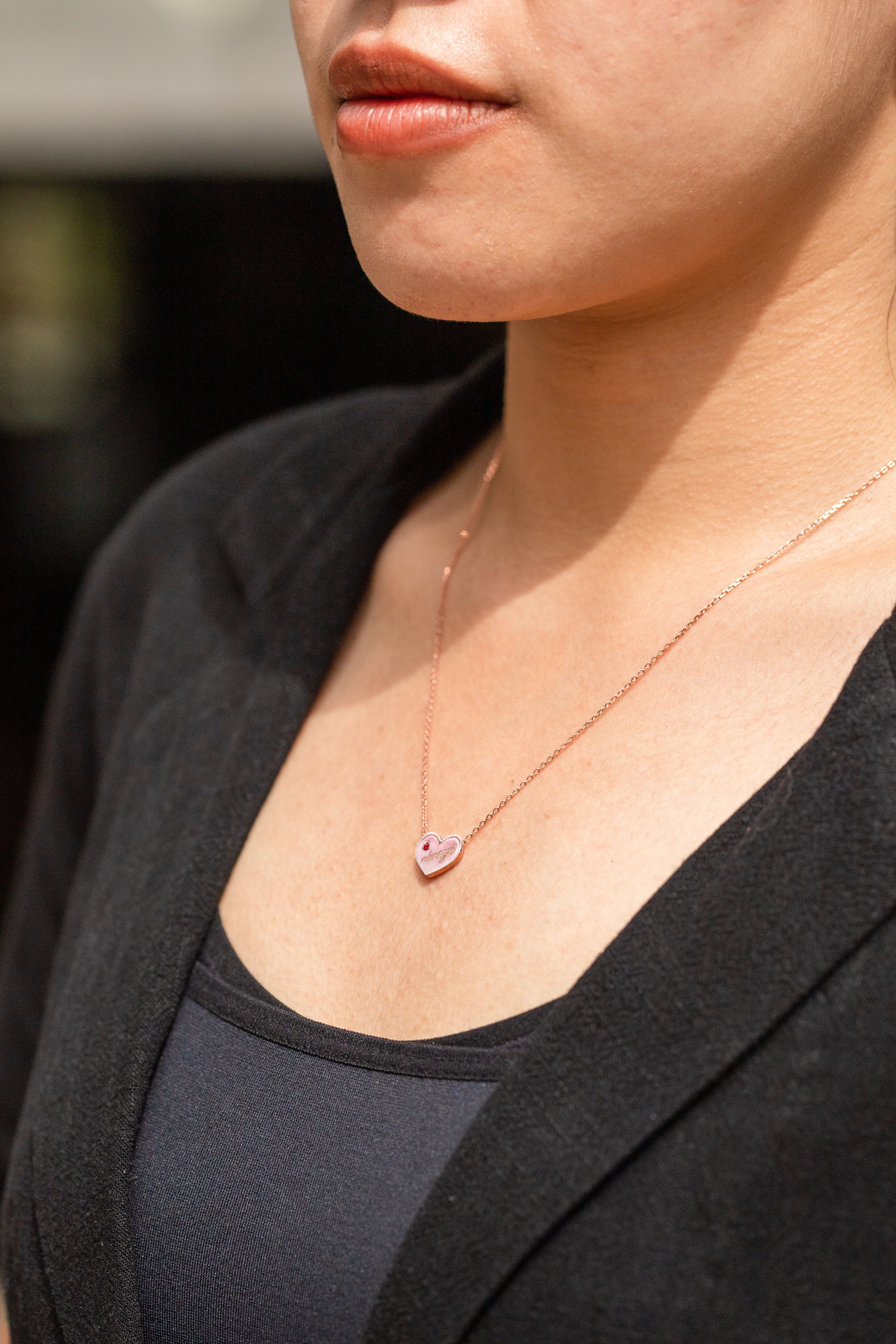 Always Charm Necklace with Natural Round Cut Ruby in 18K Rose Gold Plating over Silver