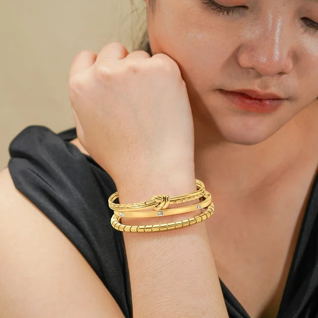 Minimalistic 3 Pcs Assorted Bangle Bracelets, Yellow Gold Plated Stackable Bracelets for Women, Knotted Bangle Bracelet