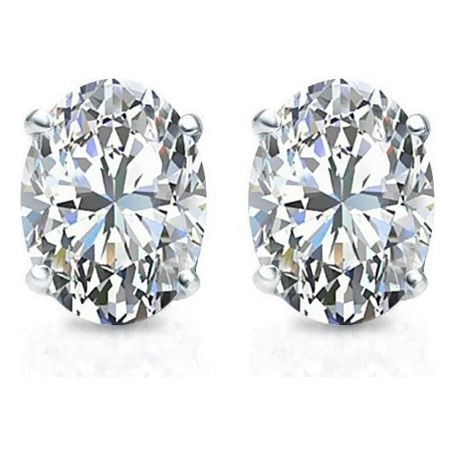 4 Prong 0.5 Carat Oval Cut Diamond Solitaire Stud Earrings In 18K White Gold Plating Over Silver