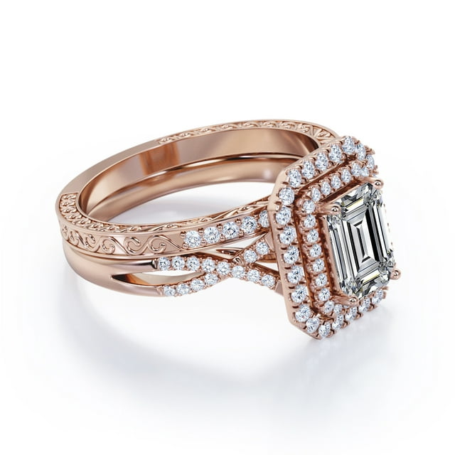 Twisted - 2 Carat Emerald Cut - Filigree Band - Double Halo Design Wedding Ring Set - 18K Black Gold Plating over Silver