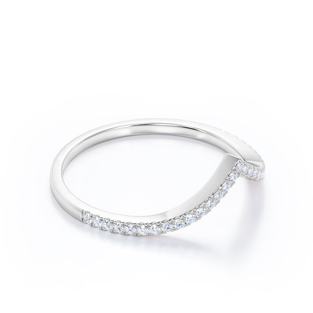 V-Shaped 0.25 Carat Cubic Zirconia Round Shaped - Scalloped Pave Wedding Band - 18K White Gold Plating over Silver