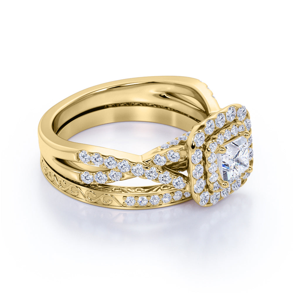 1.25 ct - Square Moissanite - Double Halo - Twisted Band - Vintage Inspired - Pave - Wedding Ring Set in 18K Yellow Gold over Silver