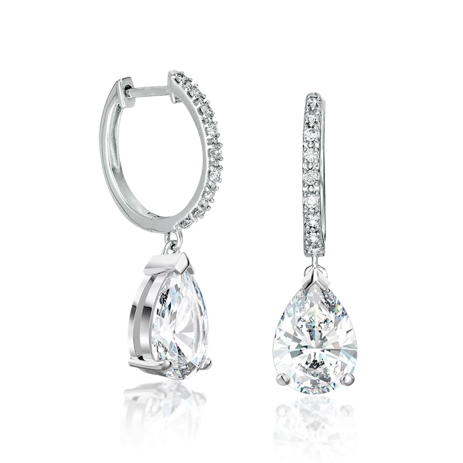 1.5 Carat Pear Cut Moissanite Hoop Earrings Pave Set with Charm in 18K White Gold over Silver