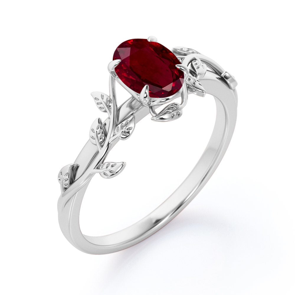 1 carat Oval Cut Lab-created Ruby Leaf Vine Engagement ring in White Gold