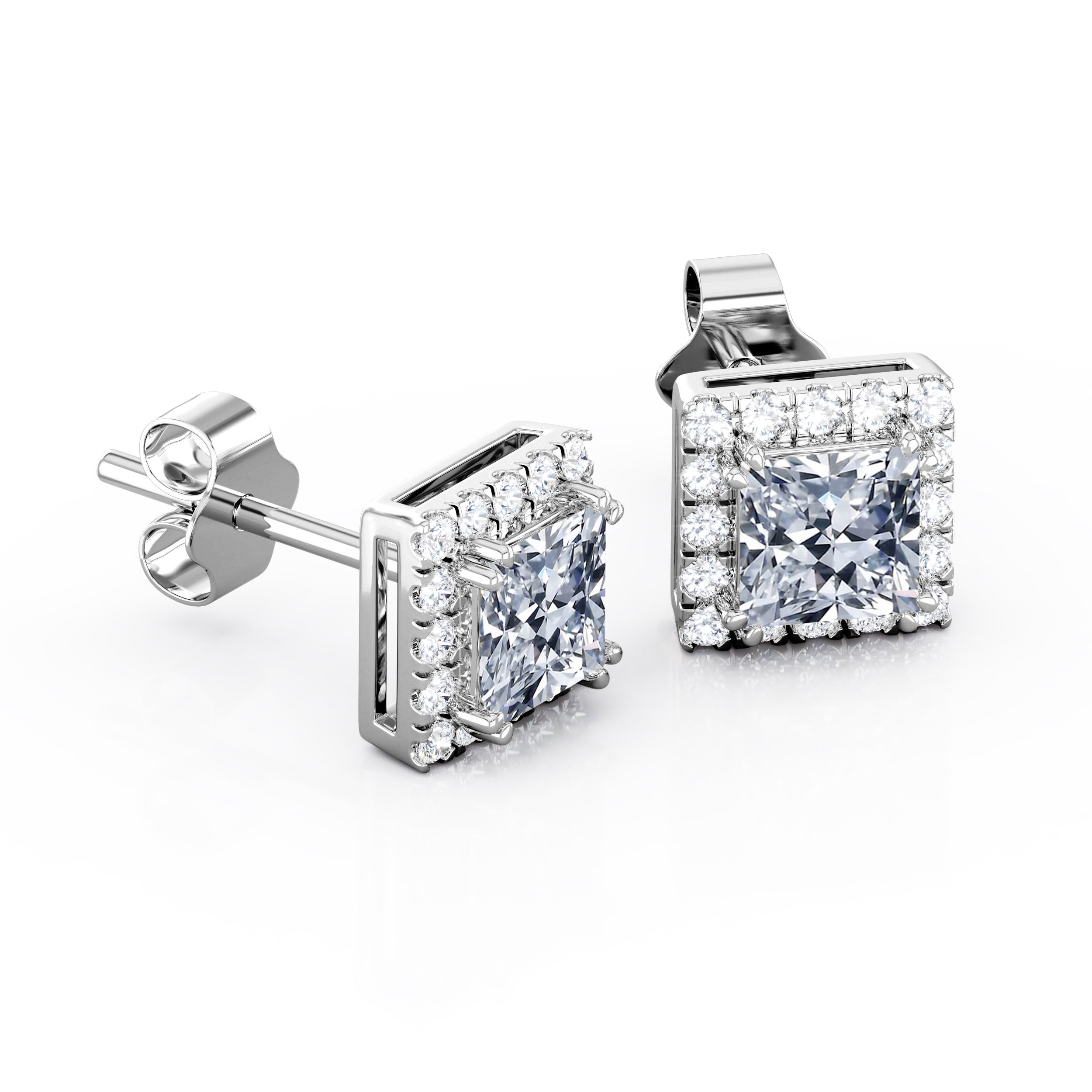 2.5 Carat Princess Cut Cubic Zirconia Halo Stud Earrings in 18K White Gold over Brass