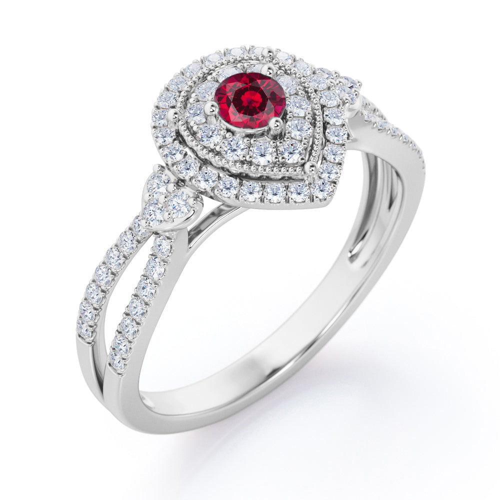 Pear-Shaped Double Halo - 1.7 Carat Round Cut Ruby - Pave Split Shank Engagement Ring in White Gold