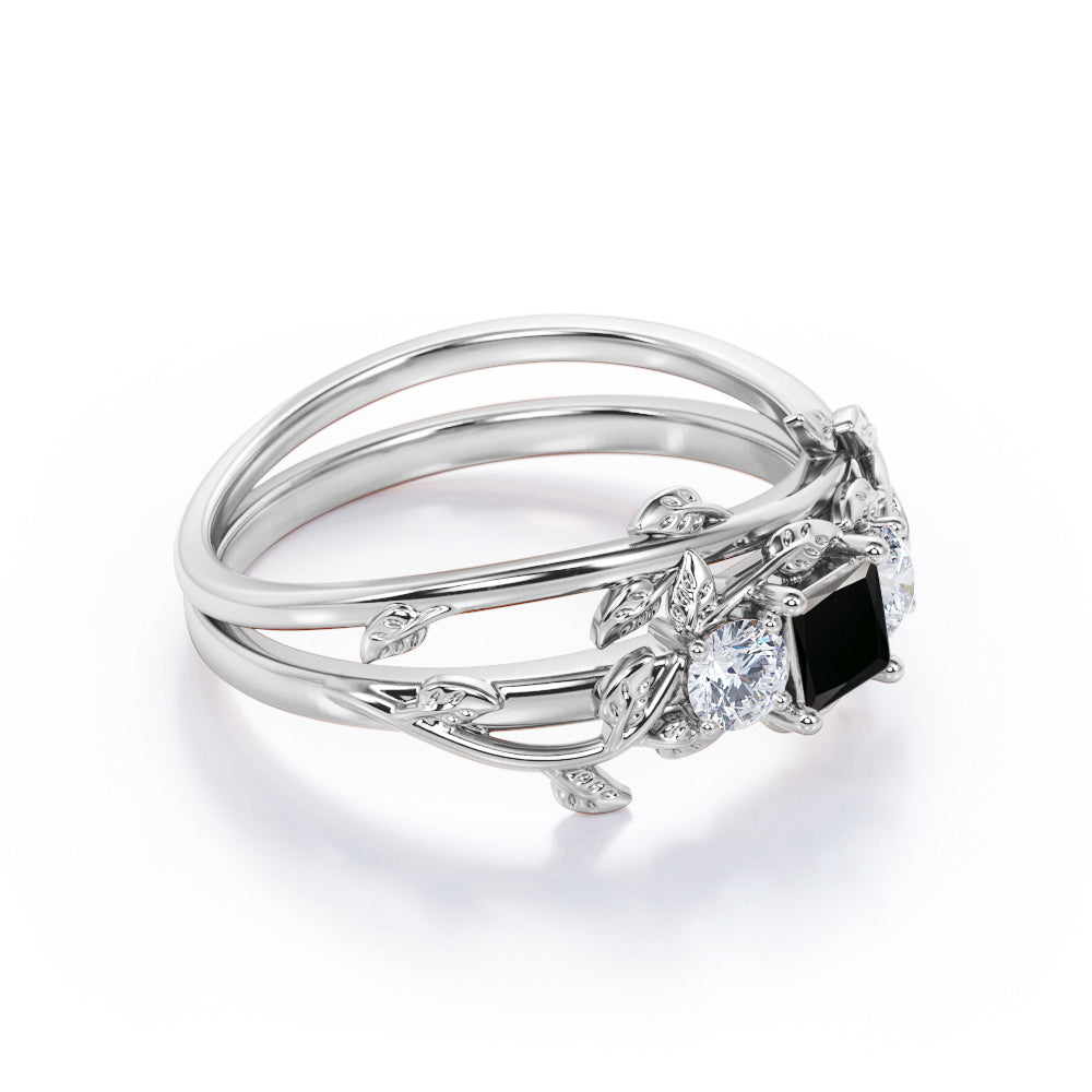 1.25 carat princess cut Black Diamond nature inspired wedding ring set in white gold