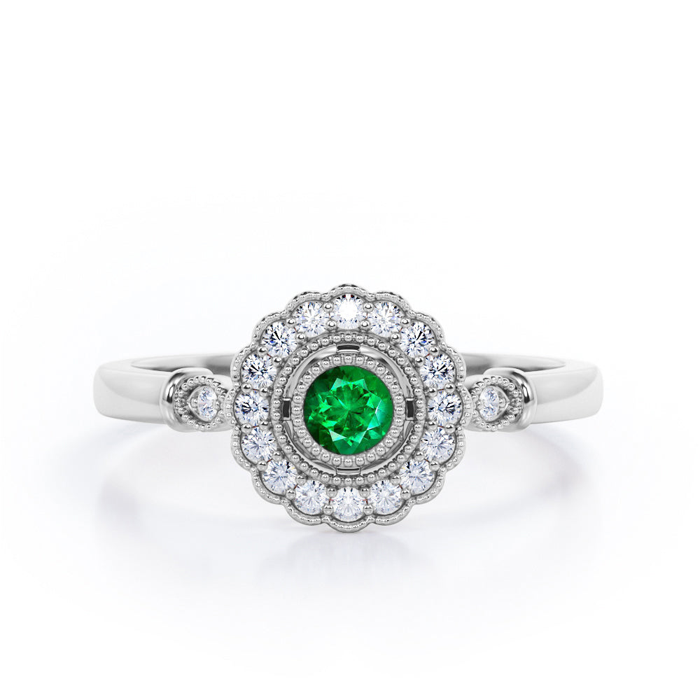 Milgrain Flower Halo 1.2 carat Carat Round Brilliant Cut Emerald and diamond Trilogy Bezel Engagement Ring in White Gold