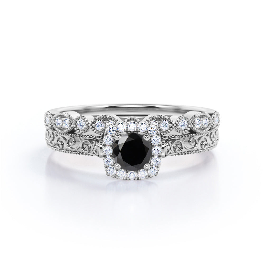 0.75 Carat Round Cut Lab Grown Black Diamond Antique Art Deco Bridal Set In White Gold