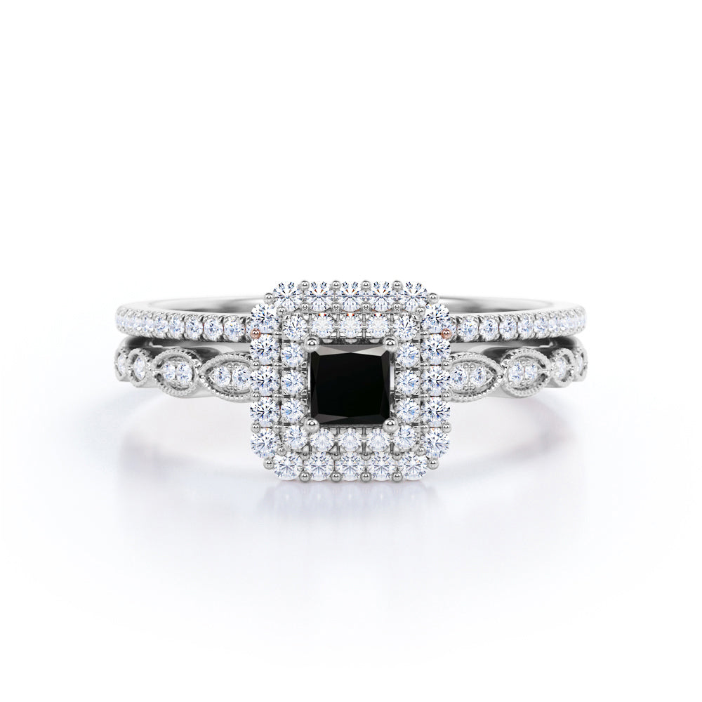 1.8 Carat Princess Cut Lab Grown Black Diamond Double Halo Wedding Ring Set In White Gold