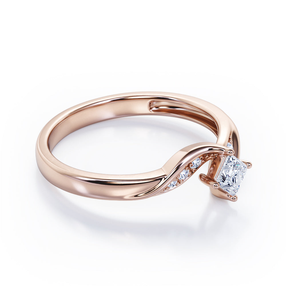 Twisted 7 Stone Ring - 0.55 carat Princess Diamond and Diamond Elegant Engagement Ring in Rose Gold