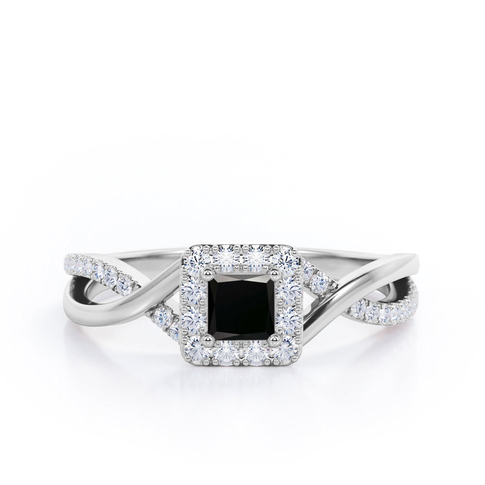 1.25 Carat Princess Cut Black Diamond - Half Crossover Pave - Halo Engagement Ring in White Gold