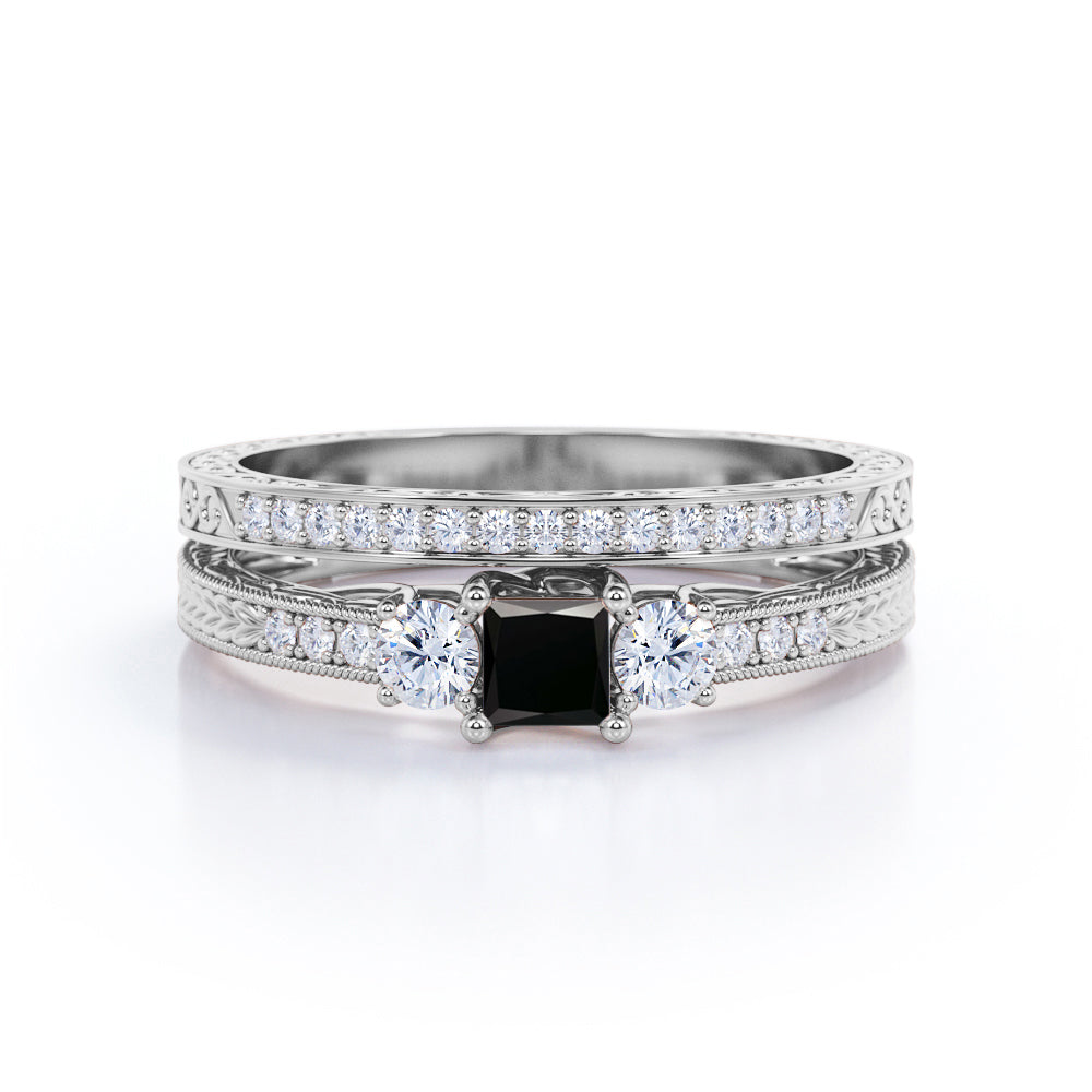 0.5 carat princess cut Black Diamond vintage milgrain bridal set ring in white gold