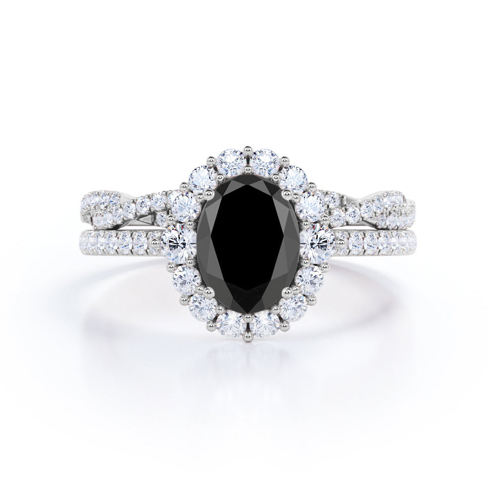 2 carat oval cut Black Diamond halo bridal set in white gold