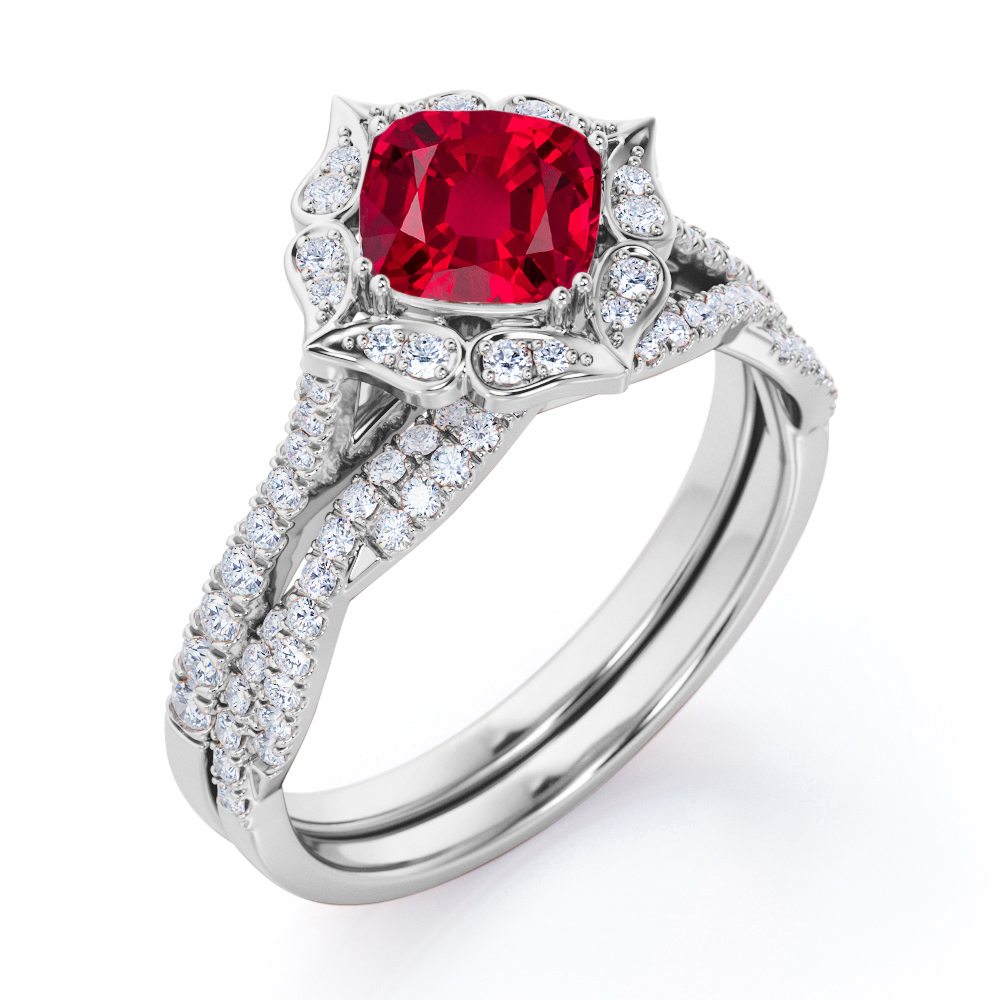 Sparkling Pave Halo 1.50 Carat Cushion Cut Lab-Created Ruby and Diamond Bridal Set with Infinity Band in White Gold