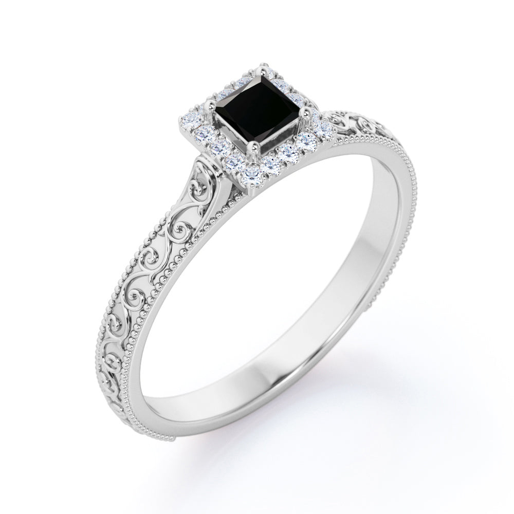 1.15 Carat Princess Cut Lab Grown Black Diamond Vintage Art Deco Engagement Ring In White Gold