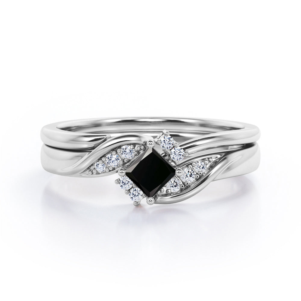 Petite Pave-Channel - 0.55 TCW Rhombus Princess Cut Black Diamond - Prong Tensioned Wedding Ring Set -  White Gold