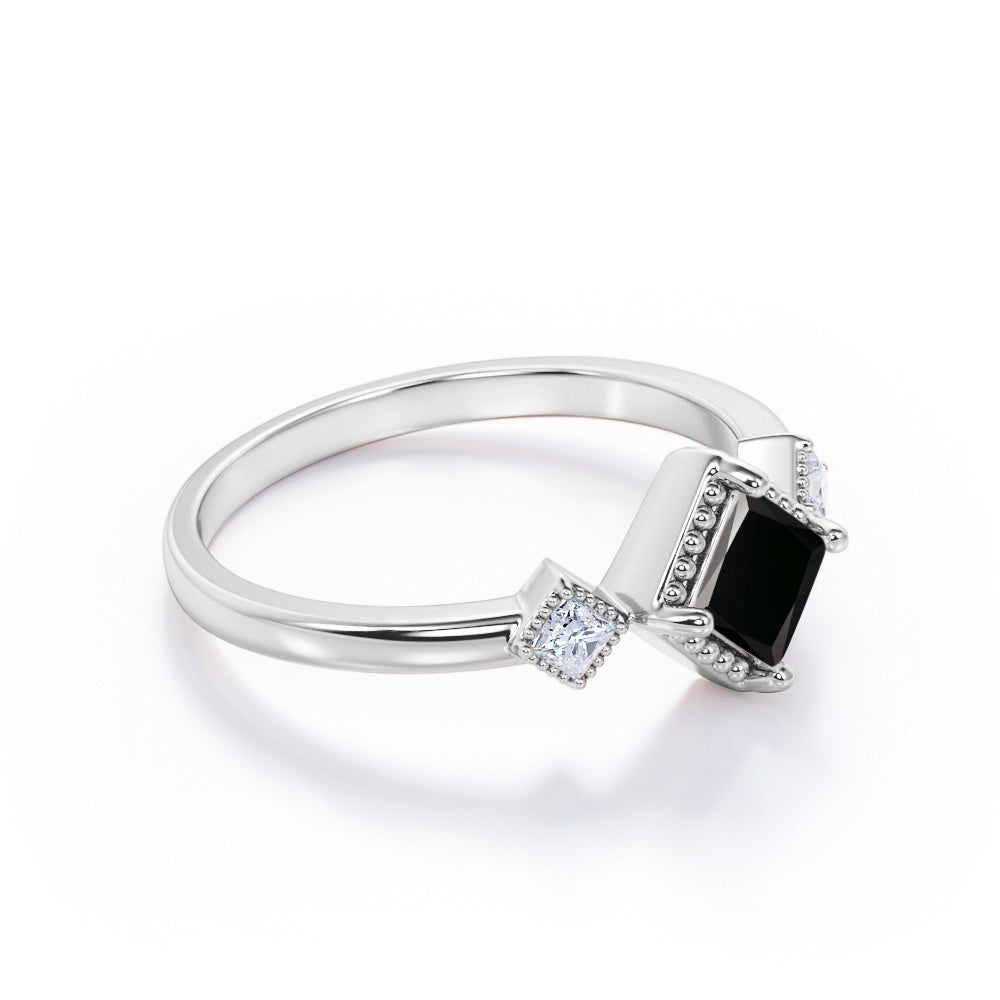 1 carat princess cut Black Diamond three stone pave engagement ring in white gold