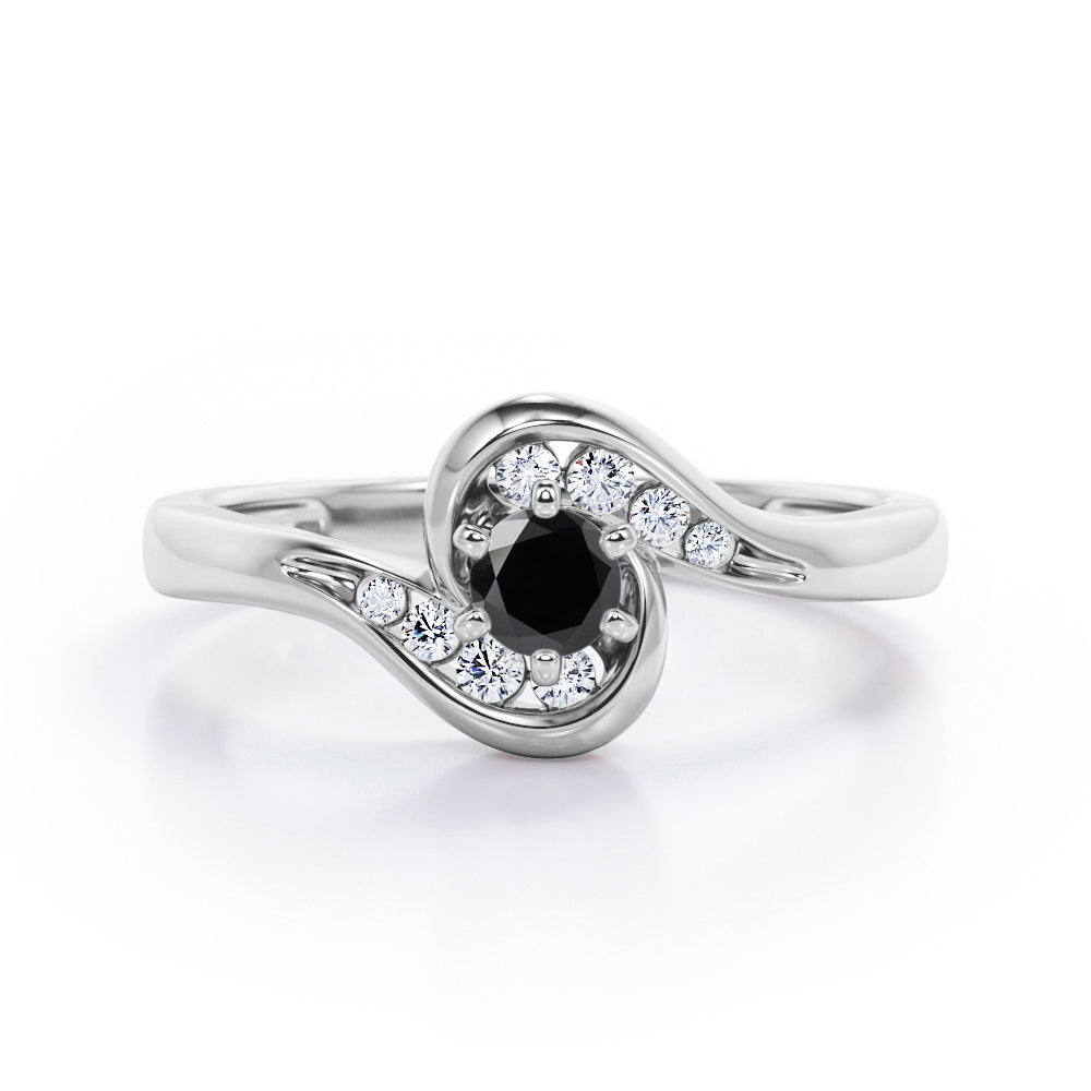 Whirly Gemstone 0.55 carat Round Black Diamond Artistic Engagement Ring in White Gold