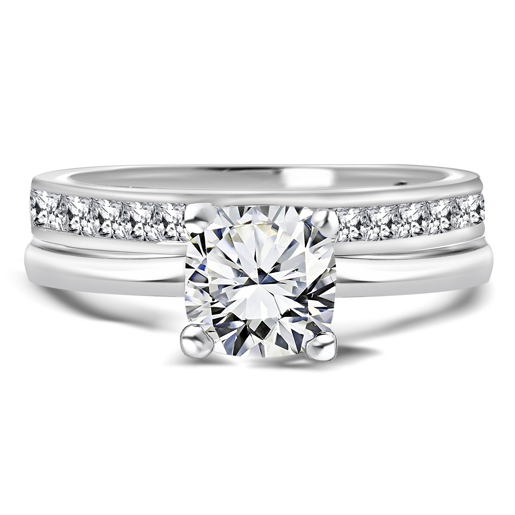 Stylish 1.5 Cushion Cut Moissanite Bridal Set - Channel Set Wedding Band - in 18K White Gold over Silver