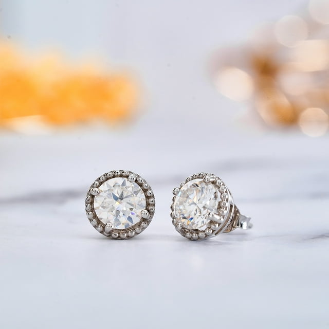 3.25 Carat Round Brilliant Moissanite Earrings Stud Halo Milgrain in 18K White Gold over Silver