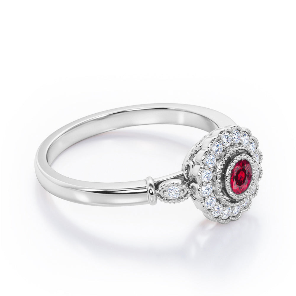 Milgrain Flower Halo 1.2 carat Carat Round Brilliant Cut Ruby Trilogy Bezel Engagement Ring in White Gold