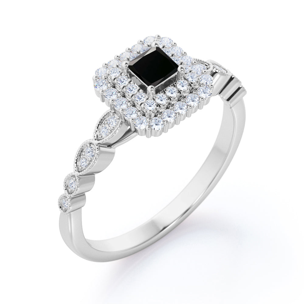 1.5 Carat Princess Cut Lab Grown Black Diamond Double Halo Cluster Engagement Ring In White Gold