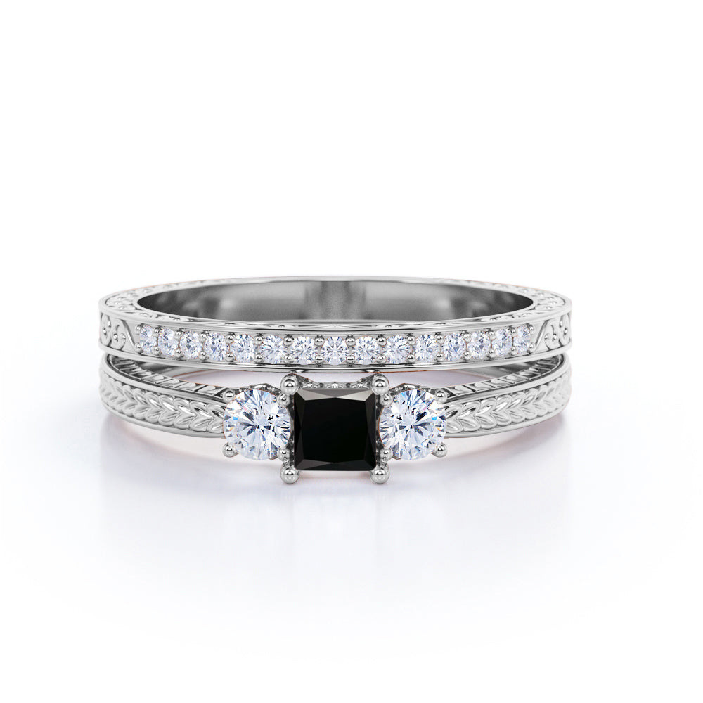 1.25 carat princess cut Black Diamond three stone filigree wedding ring set in white gold