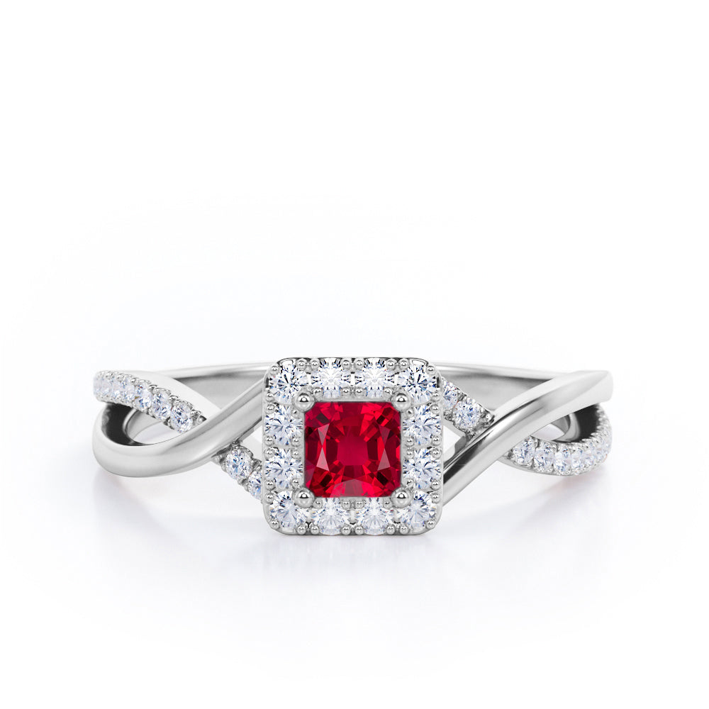 1.25 Carat Princess Cut Lab-Created Ruby - Half Crossover Pave - Halo Engagement Ring in White Gold