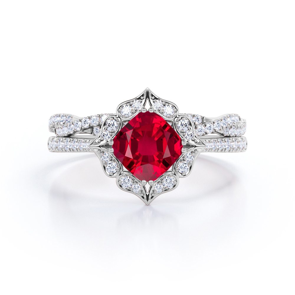 Sparkling Pave Halo 1.50 Carat Cushion Cut Lab-Created Ruby and Diamond Bridal Set with Infinity Band in White Gold