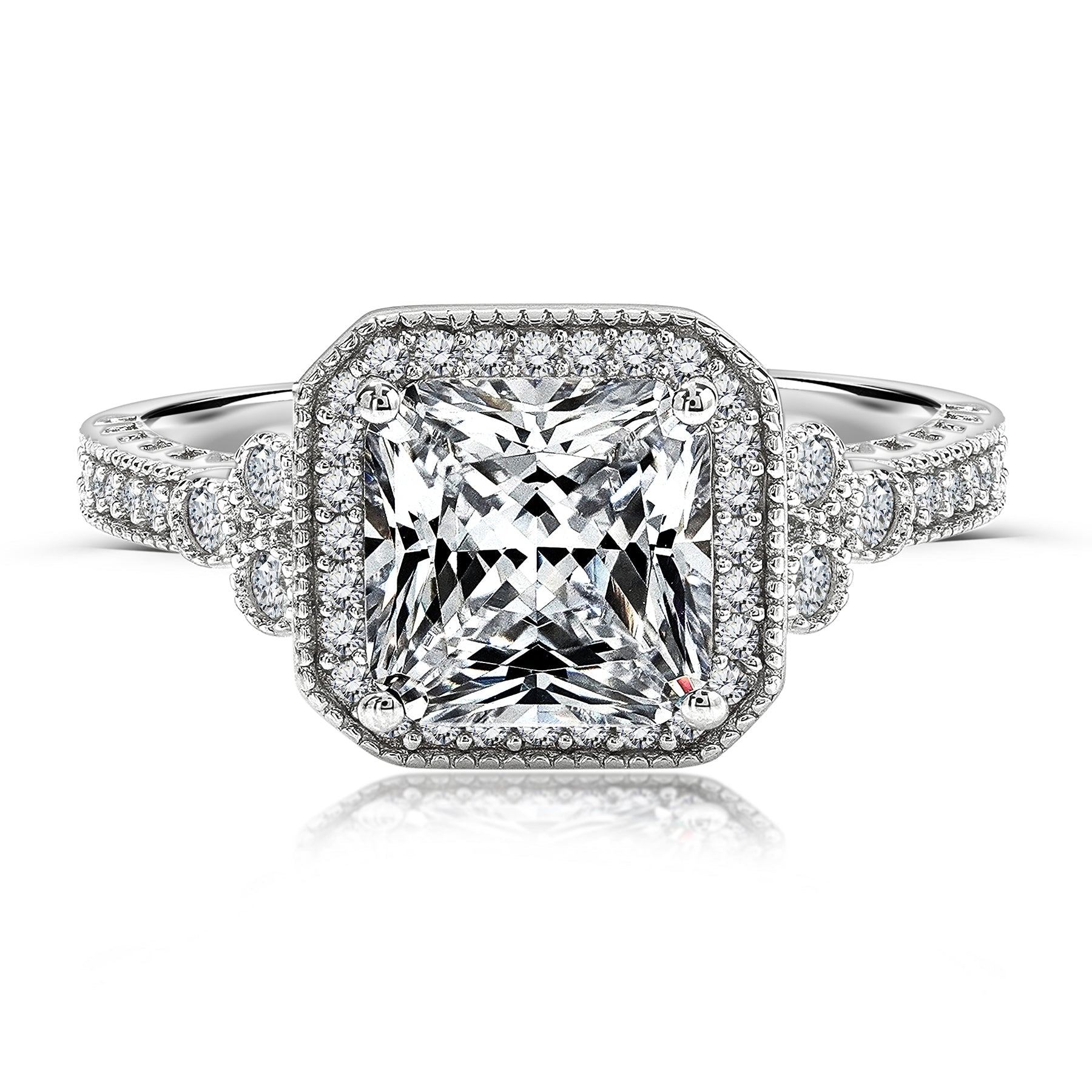 1.25 Carat Princess Cut Moissanite Wedding Ring - Antique Ring - Halo Ring - 18k White Gold Over Silver