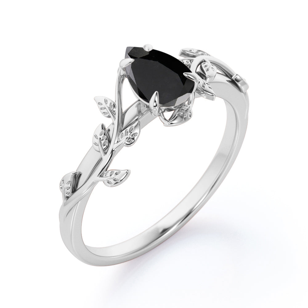 1 carat pear cut Lab Black Diamond leaf style engagement ring in white gold