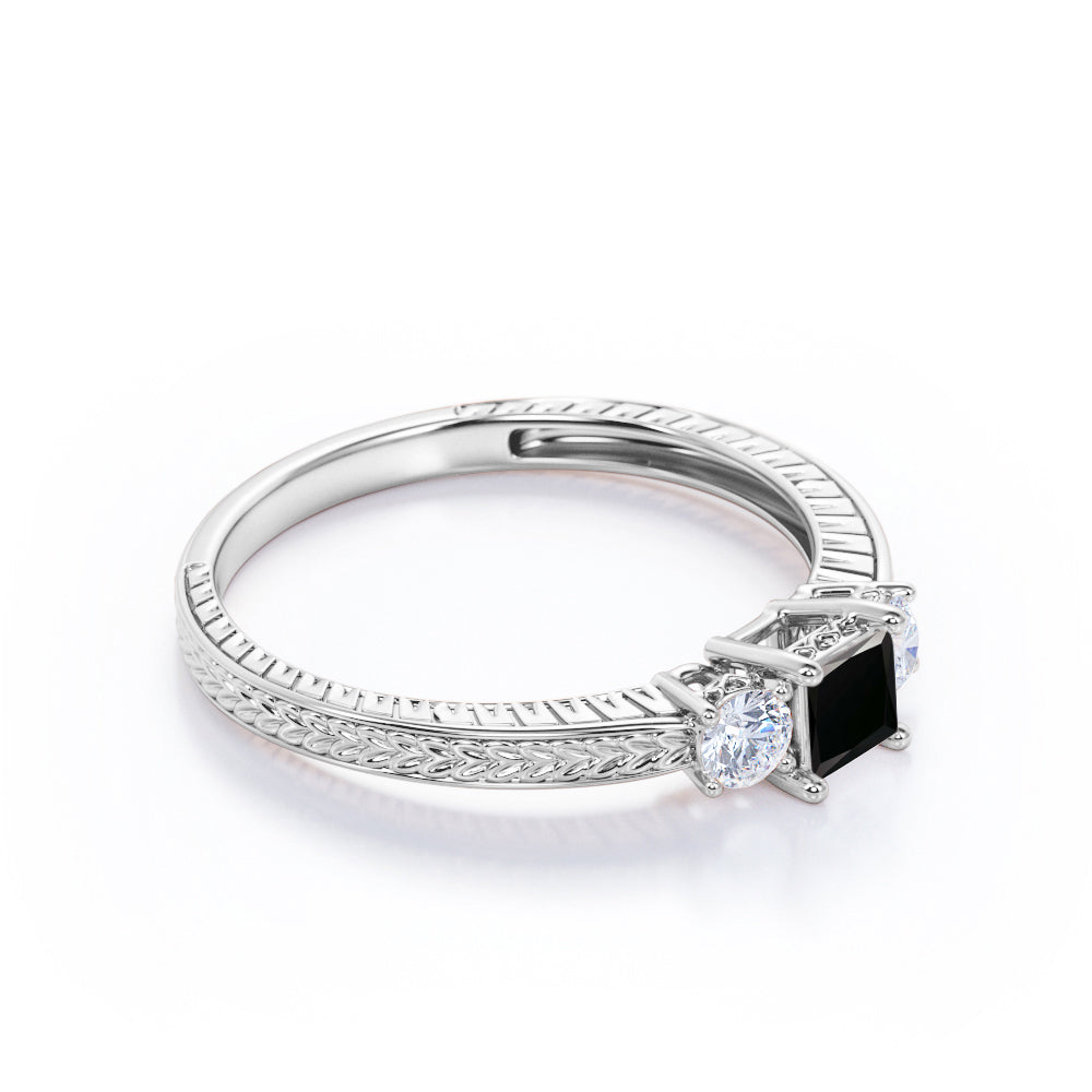 1 carat princess cut Black Diamond art deco engagement ring in white gold