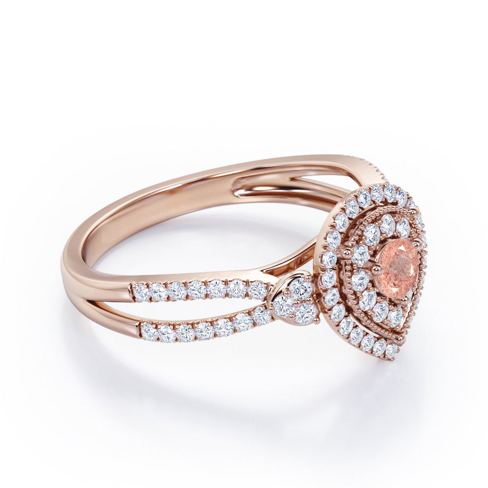 Pear-Shaped Double Halo - 1.7 Carat Round Cut Strawberry Quartz - Pave Split Shank Engagement Ring in Rose Gold