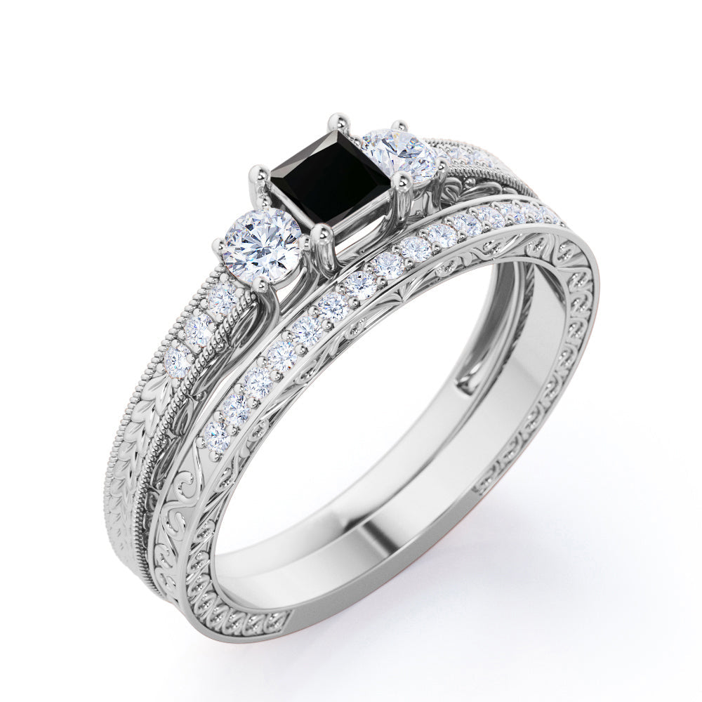 0.5 carat princess cut Black Diamond vintage milgrain bridal set ring in white gold