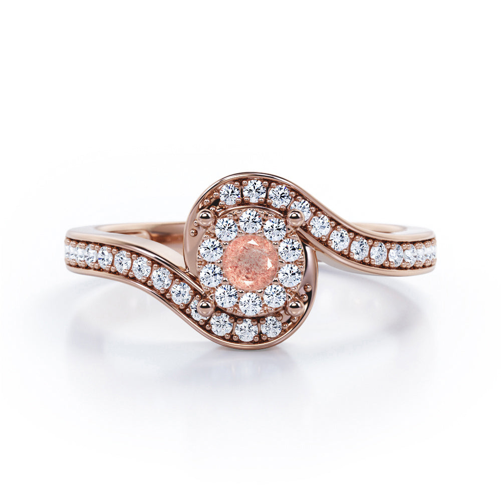 Wrapped Round 0.65 carat Round Strawberry Quartz and diamond Bypass Engagement Ring in Rose Gold