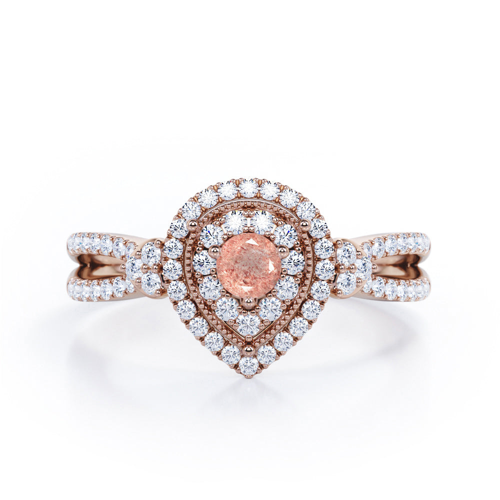 Pear-Shaped Double Halo - 1.7 Carat Round Cut Strawberry Quartz - Pave Split Shank Engagement Ring in Rose Gold