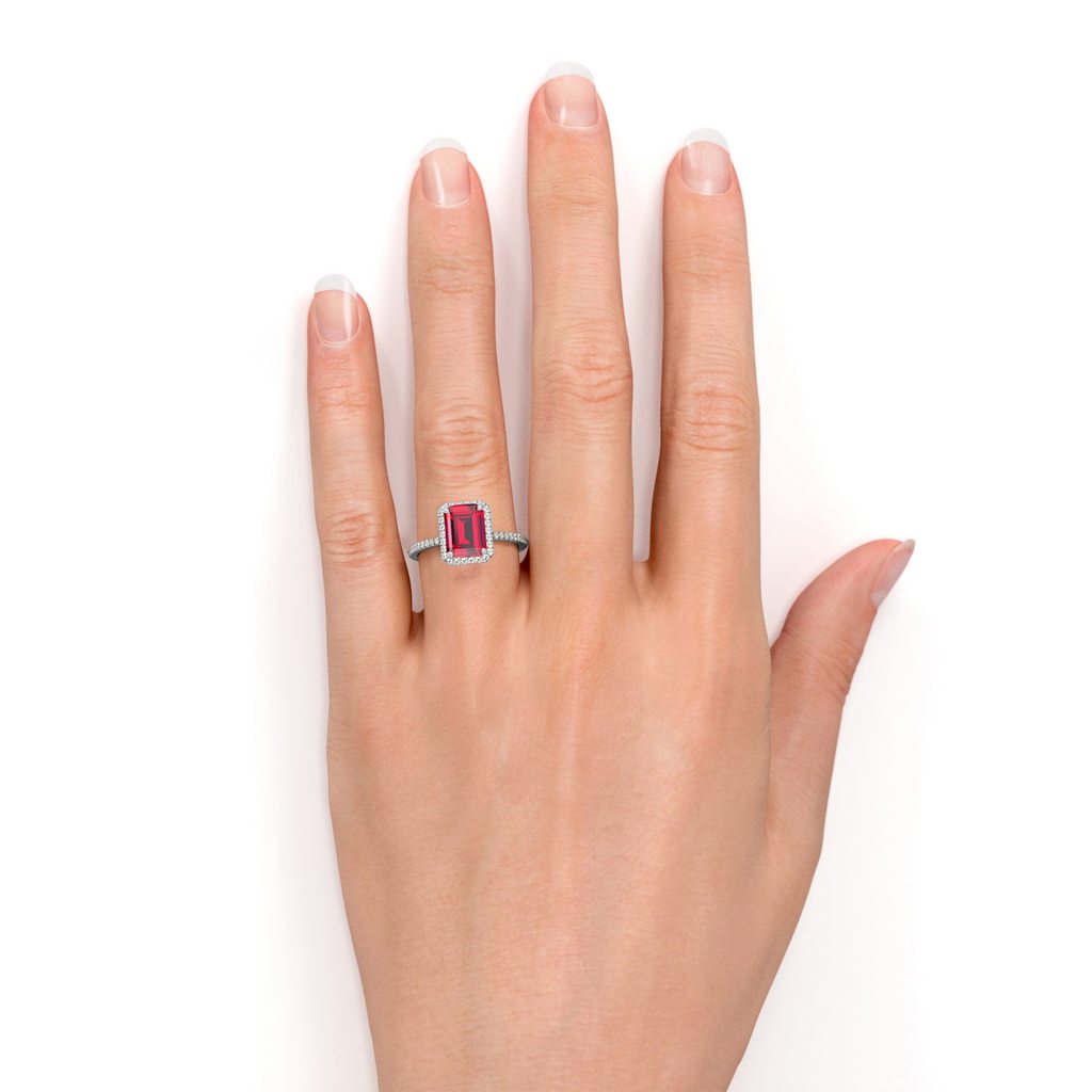 Unique Pave Set 1.30 Carat Emerald Cut Lab-Created Ruby and Diamond Engagement Ring in White Gold