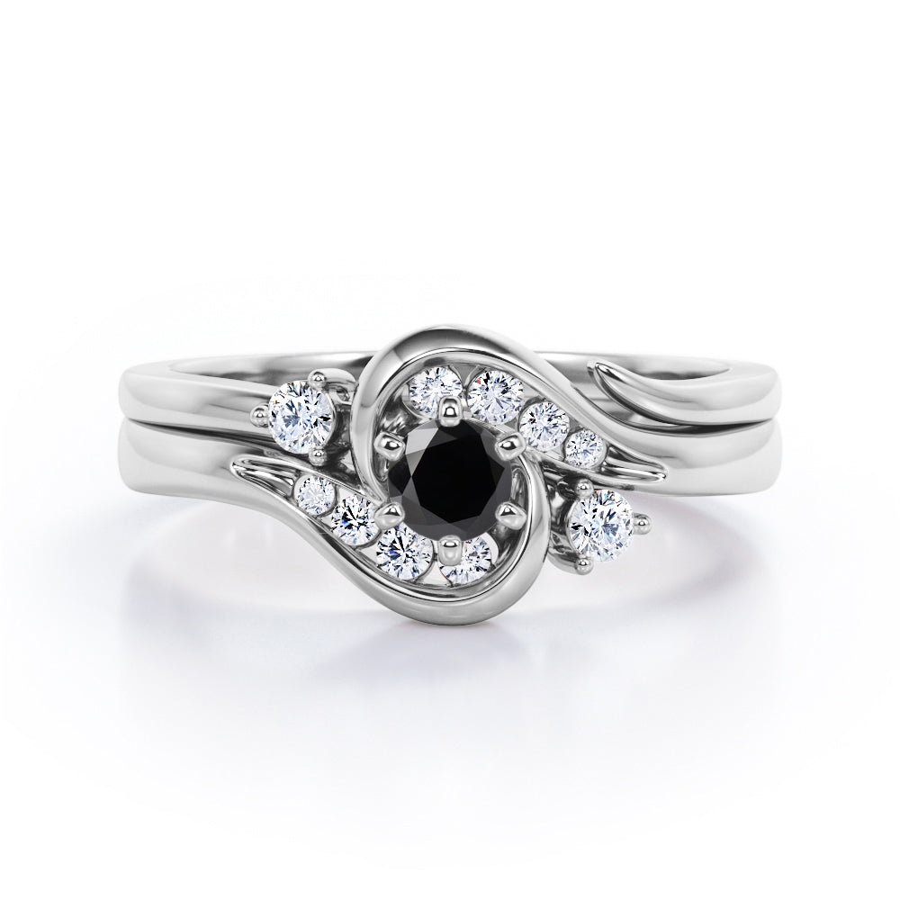 6 Prong Tension Design - 0.55 TCW Round Shaped Black Diamond - Flush Chanel Wedding Ring Set - White Gold