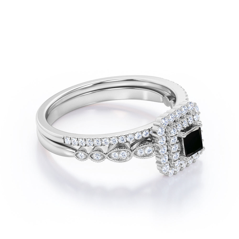 1.8 Carat Princess Cut Lab Grown Black Diamond Double Halo Wedding Ring Set In White Gold